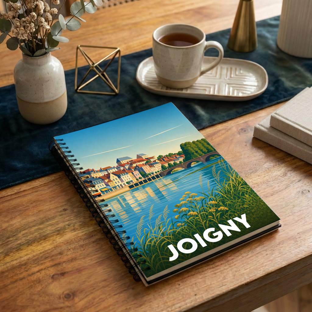 Carnet de notes souvenir de la ville de Joigny avec une illustration stylisée des bords de l'Yonne.