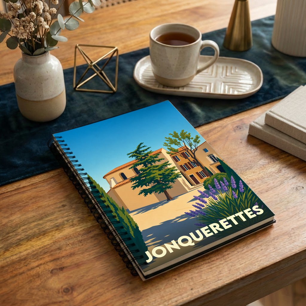 Carnet souvenir de la ville de Jonquerettes avec une illustration stylisée.