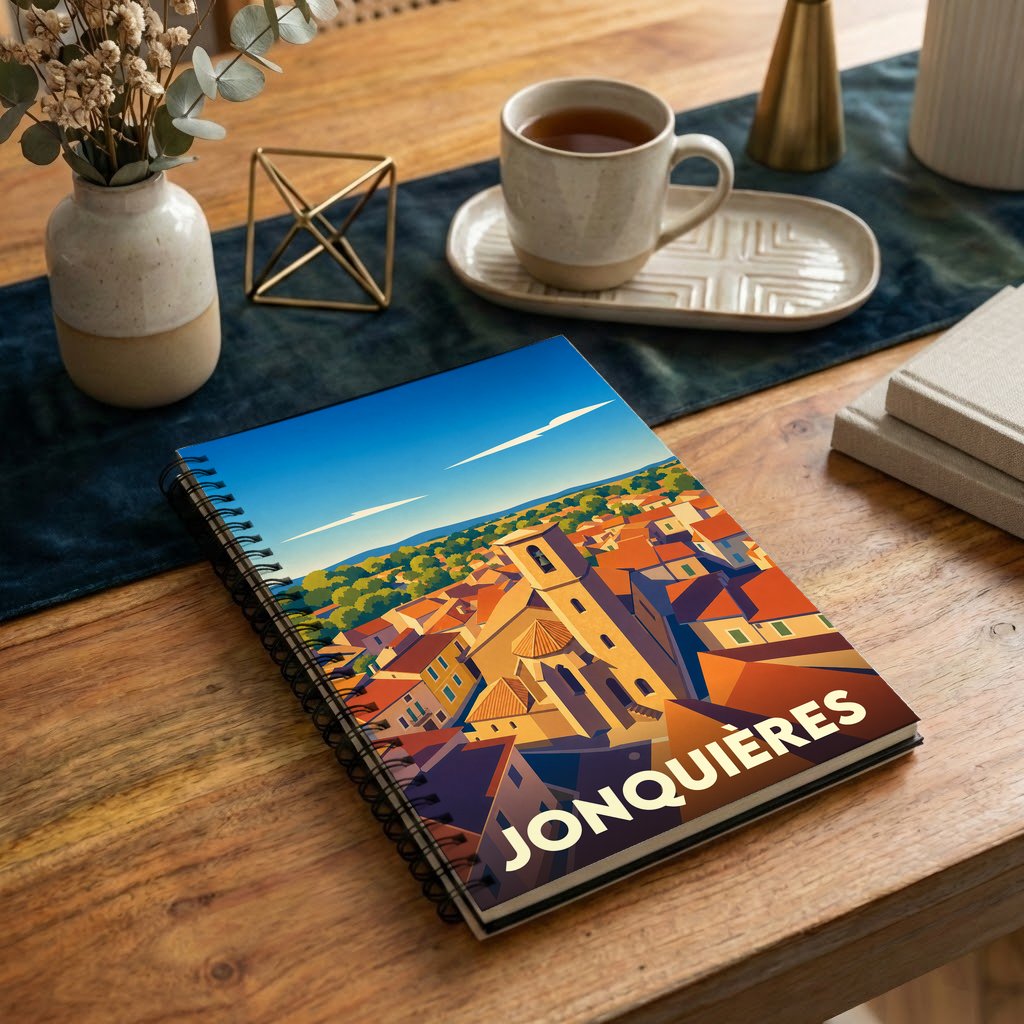 Carnet souvenir de la ville de Jonquières illustré par une vue aérienne stylisée de ses toits et de son église.