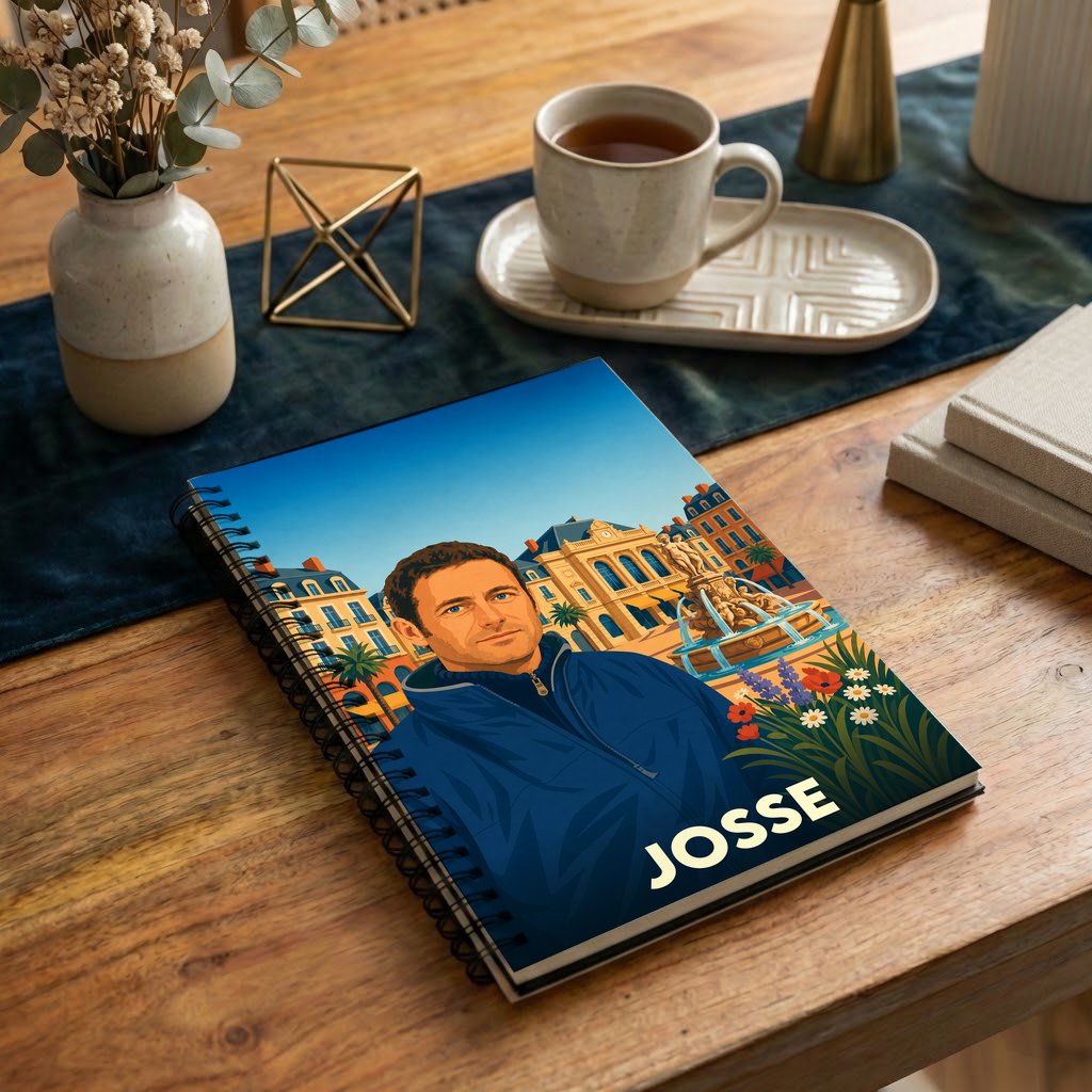 Carnet souvenir de la ville de Josse avec une illustration stylisée d'un homme devant une place ensoleillée.