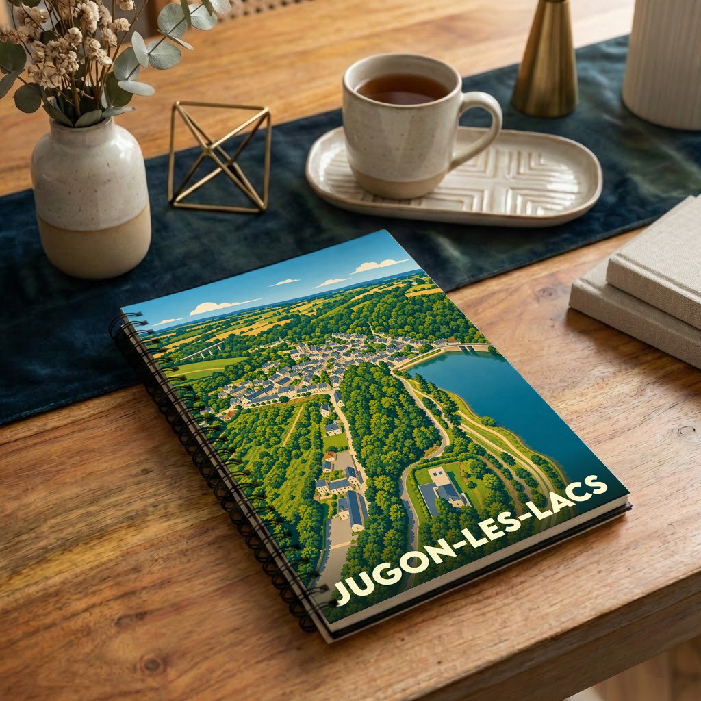 Carnet de notes souvenir de la ville de Jugon-les-Lacs illustré par une vue aérienne stylisée et colorée.