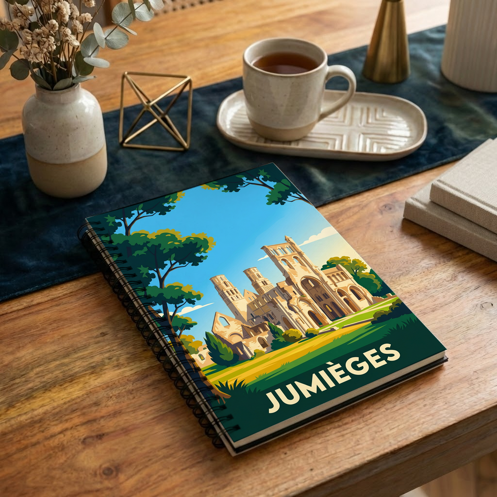 Carnet souvenir de la ville de Jumièges avec une illustration stylisée de son abbaye.