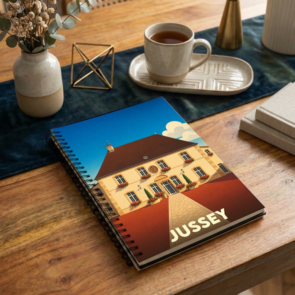 Carnet à spirales souvenir de la ville de Jussey avec une illustration stylisée d'un bâtiment historique.