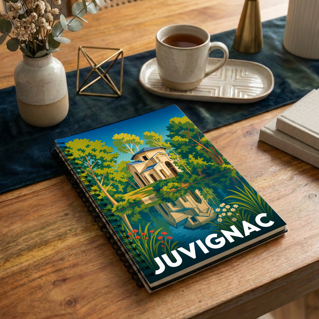 Carnet souvenir de la ville de Juvignac avec une illustration stylisée.