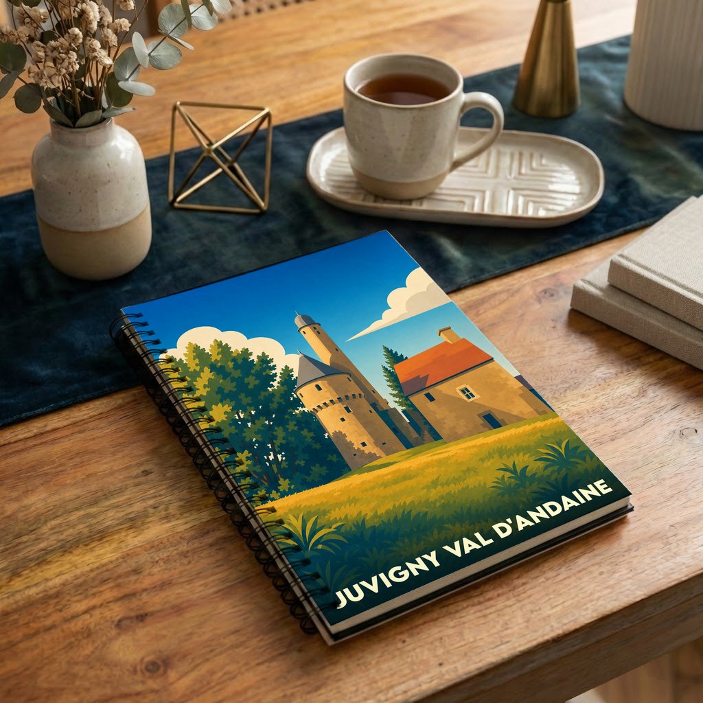 Carnet à spirales souvenir de Juvigny Val d'Andaine avec une illustration stylisée d'un château.