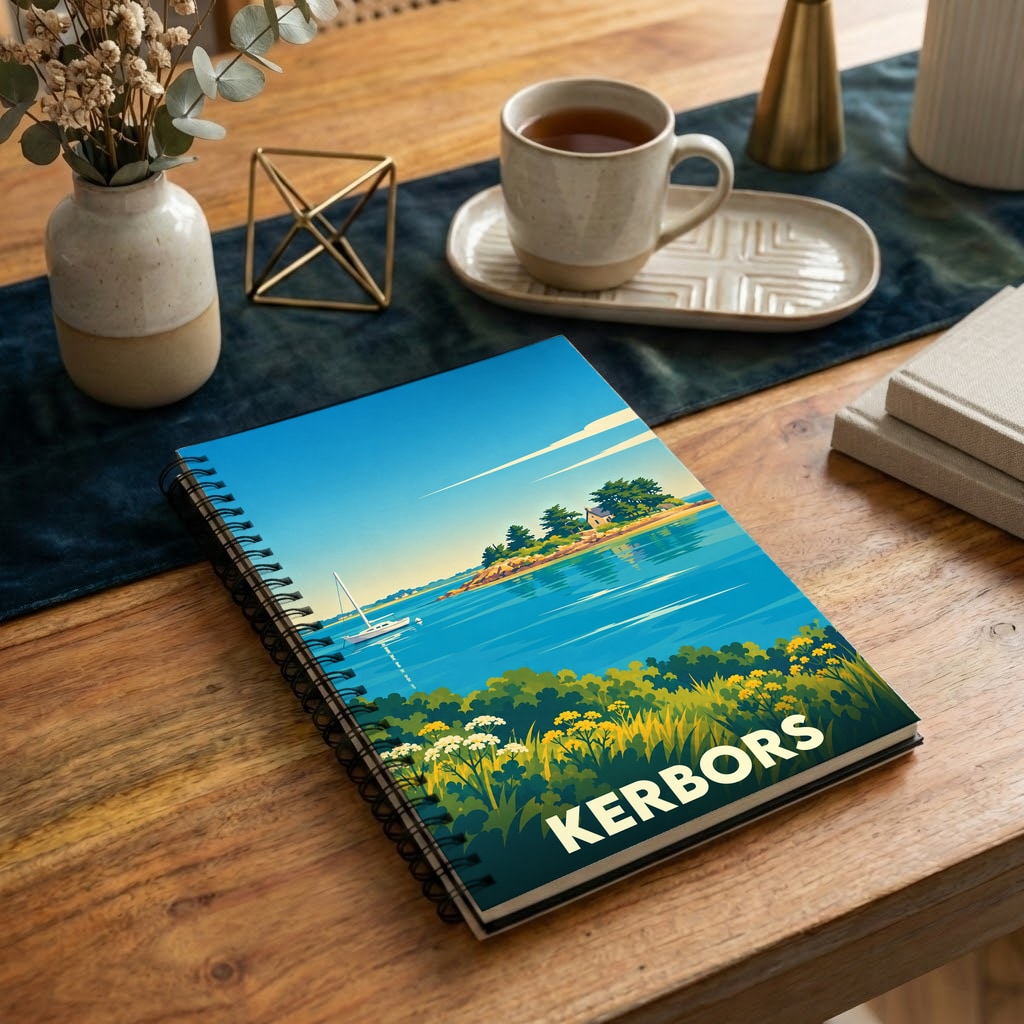 Carnet souvenir de la ville de Kerbors avec une illustration stylisée d'un paysage côtier.