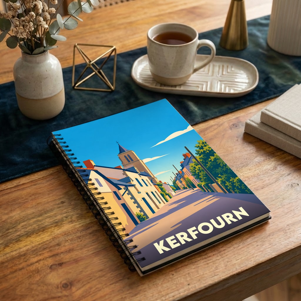 Carnet à spirales souvenir de la ville de Kerfourn avec une illustration stylisée.