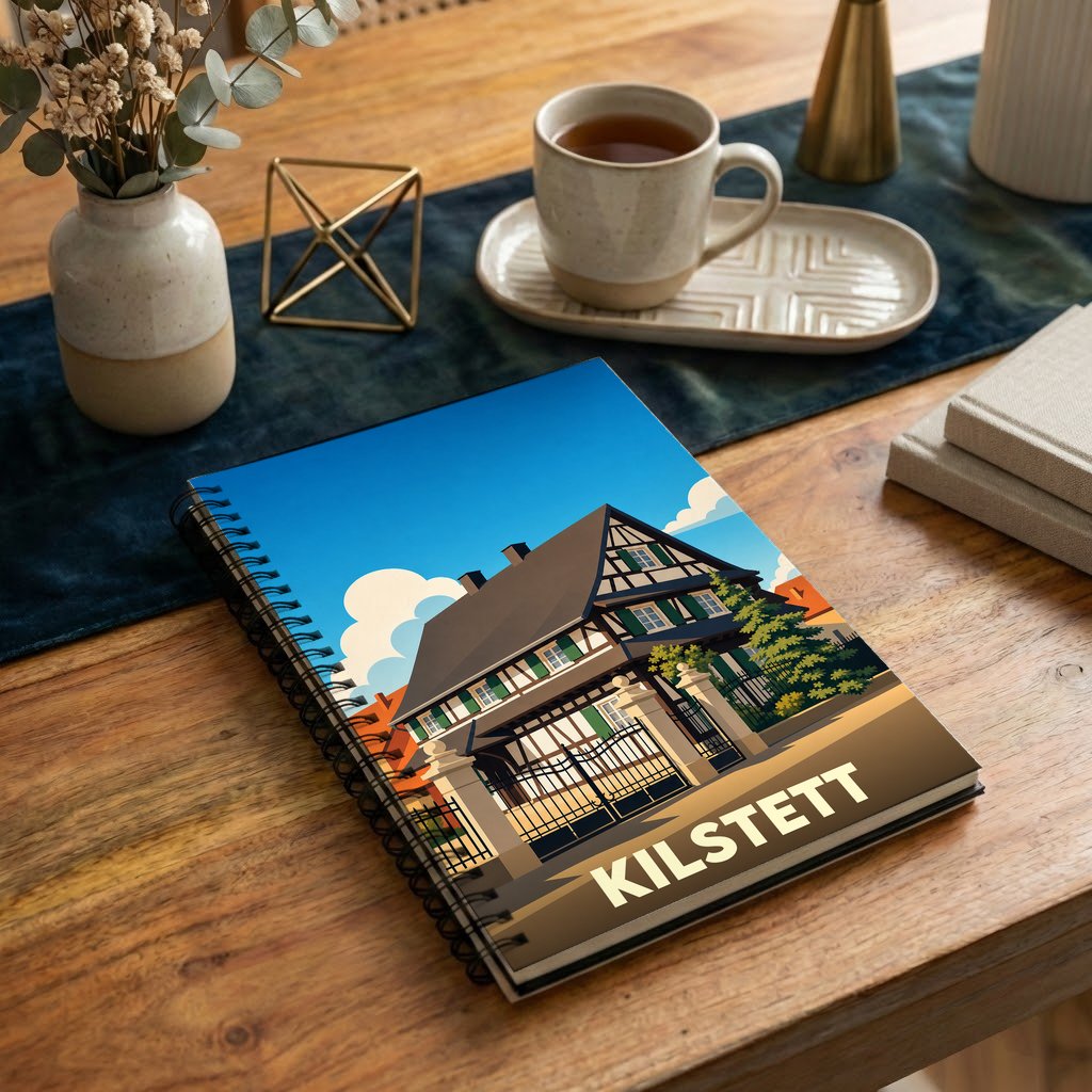 Carnet à spirales souvenir de la ville de Kilstett avec une illustration stylisée d'une maison à colombages.