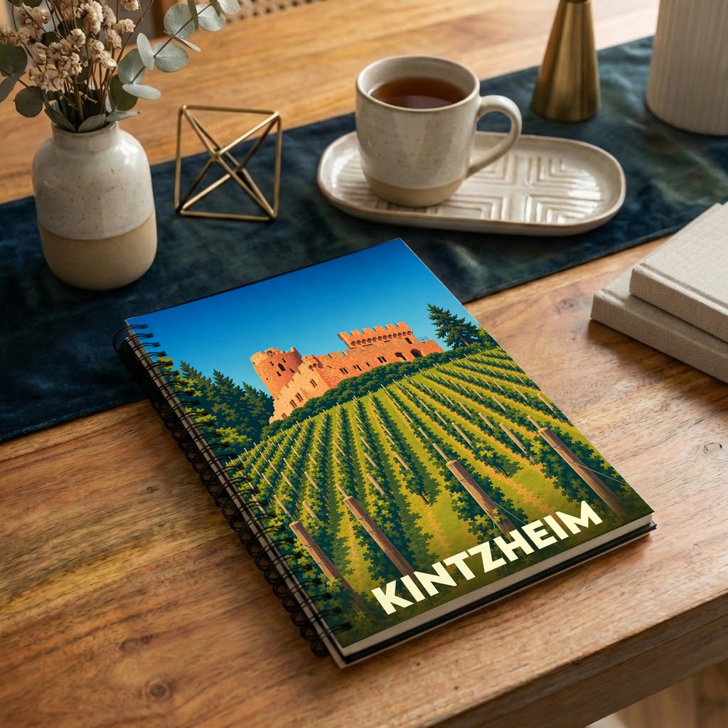 Carnet de notes à spirales souvenir de Kintzheim orné d'une illustration stylisée de son château et de ses vignobles.