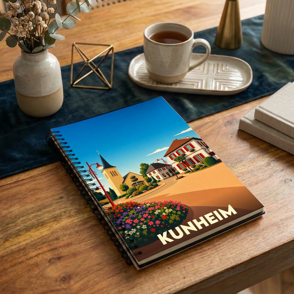 Carnet souvenir de la ville de Kunheim avec une illustration stylisée et colorée de son architecture.