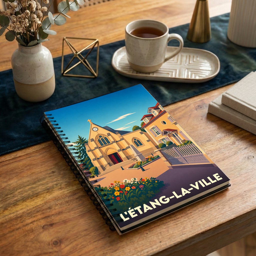 Carnet souvenir de la ville de L'Étang-la-Ville avec une illustration stylisée de son église.