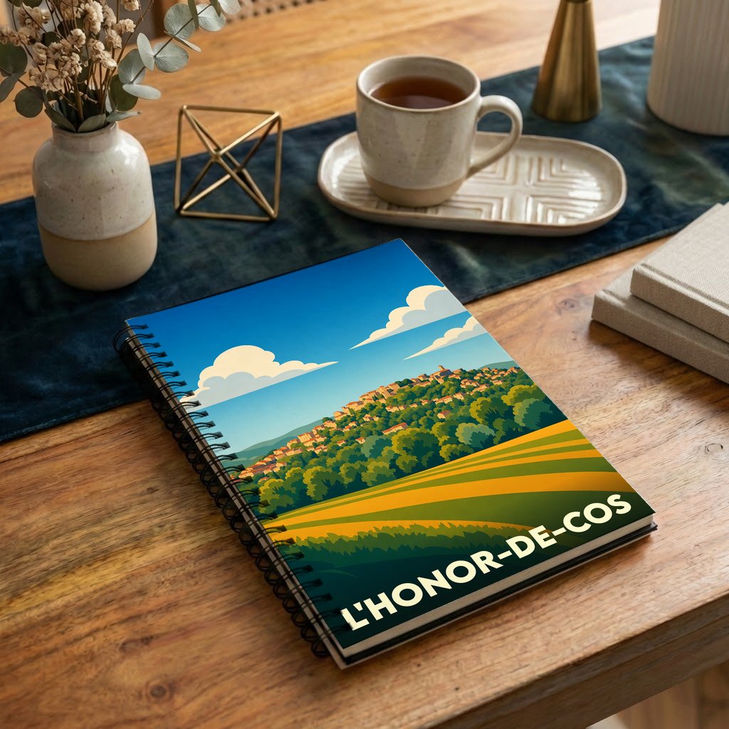 Carnet souvenir de la ville de L'Honor-de-Cos avec une illustration stylisée de son paysage vallonné.