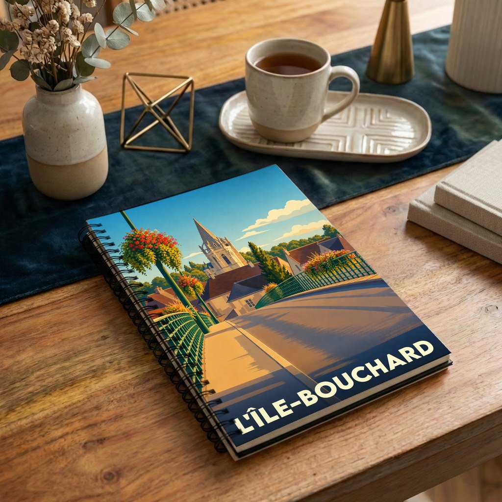 Carnet à spirales souvenir de la ville de L'Île-Bouchard avec une illustration stylisée d'un pont fleuri et de son église.