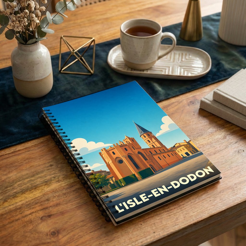 Carnet à spirales souvenir de la ville de L'Isle-en-Dodon avec une illustration stylisée de son église fortifiée.