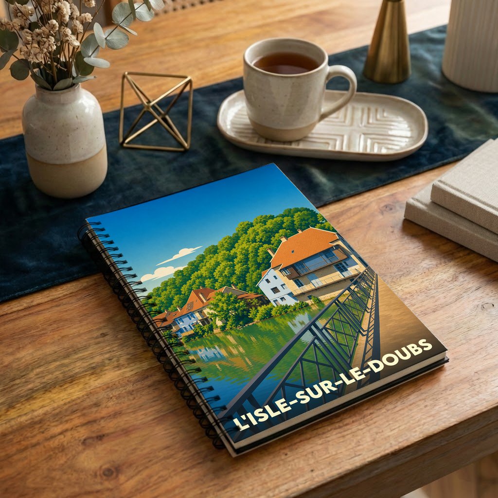 Carnet souvenir à spirale de la ville de L'Isle-sur-le-Doubs avec une illustration stylisée.