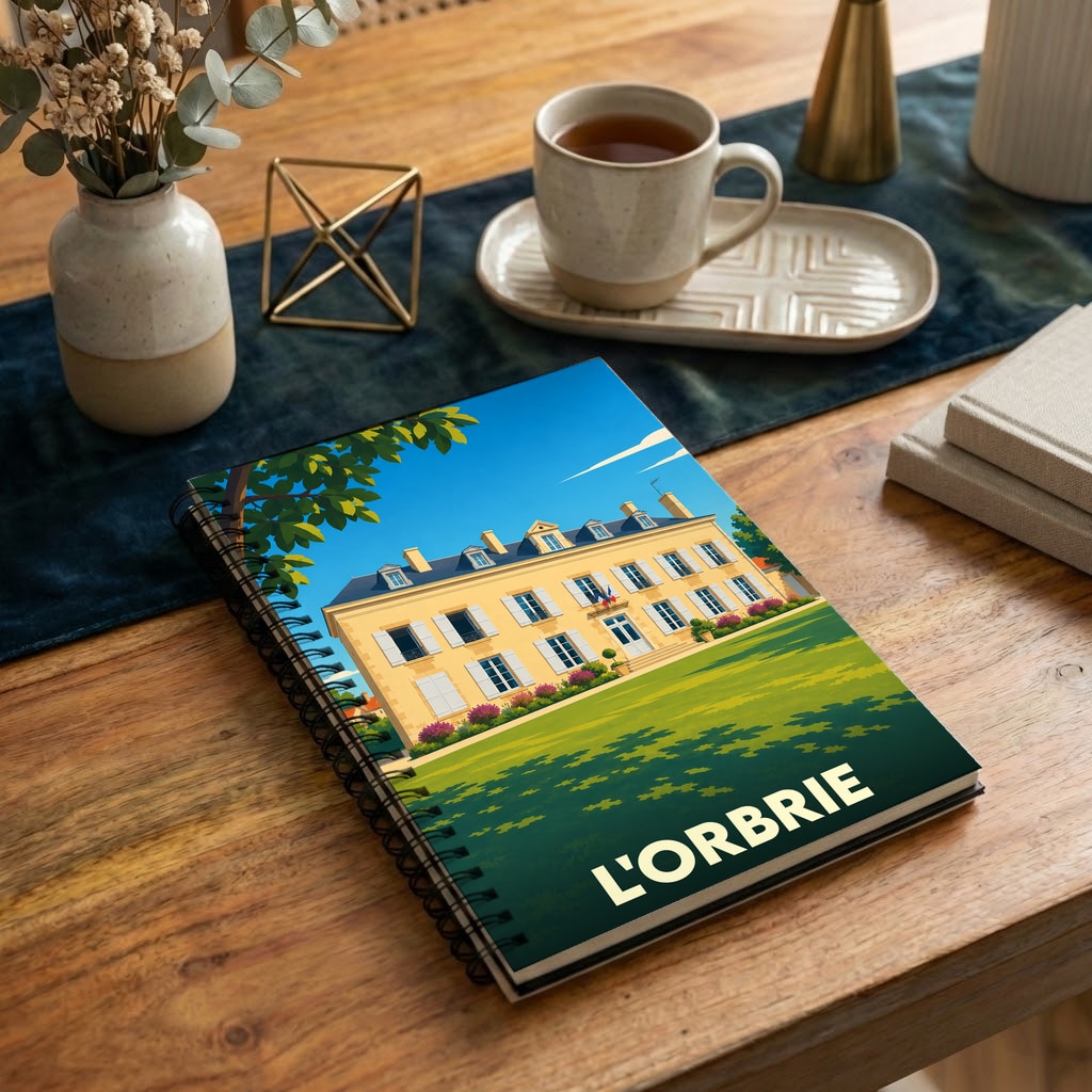 Carnet de notes souvenir de la ville de L'Orbrie avec une illustration stylisée d'une demeure bourgeoise.