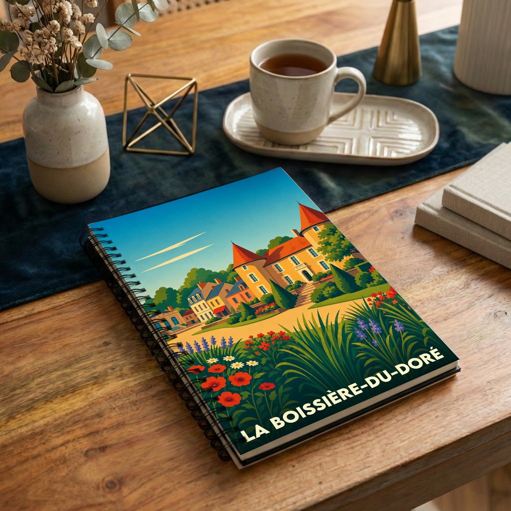 Carnet de notes souvenir de la ville de La Boissière-du-Doré avec une illustration stylisée de son patrimoine.