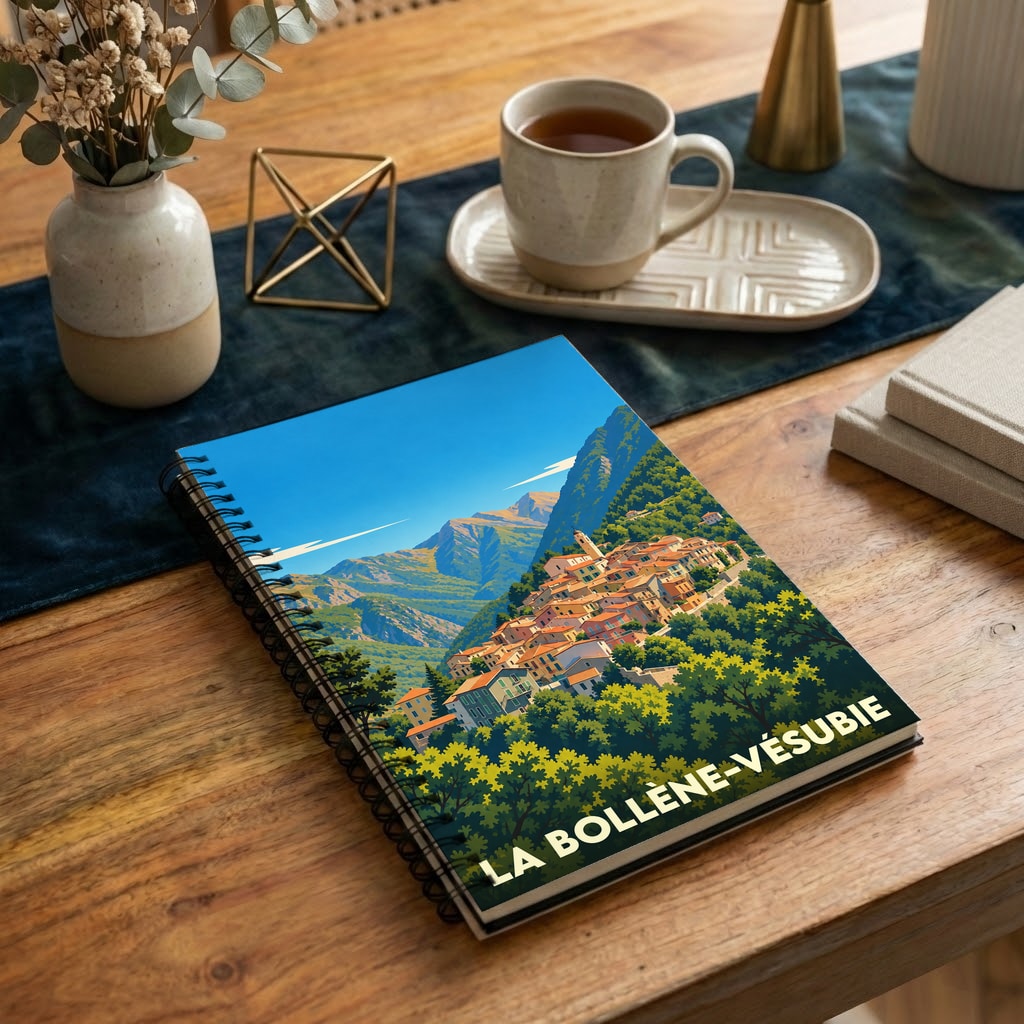 Carnet souvenir de la ville de La Bollène-Vésubie illustré par un paysage de montagne stylisé.