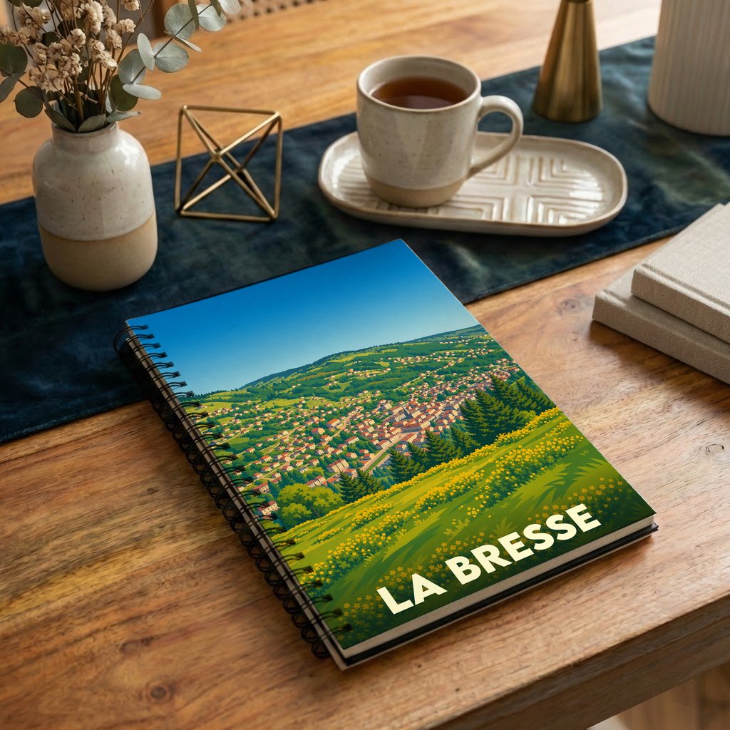 Carnet souvenir de la ville de La Bresse avec une illustration stylisée de son paysage montagneux.