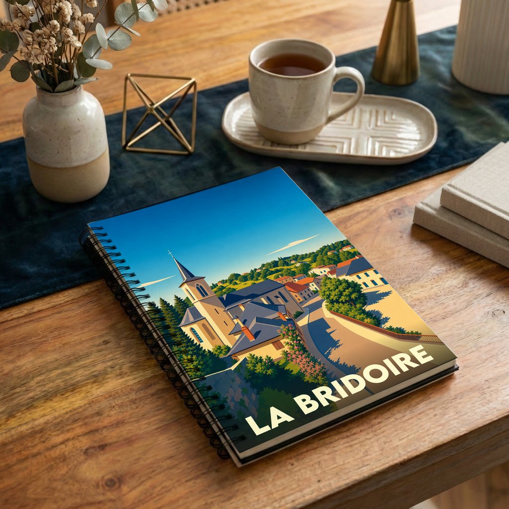 Carnet à spirales souvenir de la ville de La Bridoire avec une illustration stylisée.