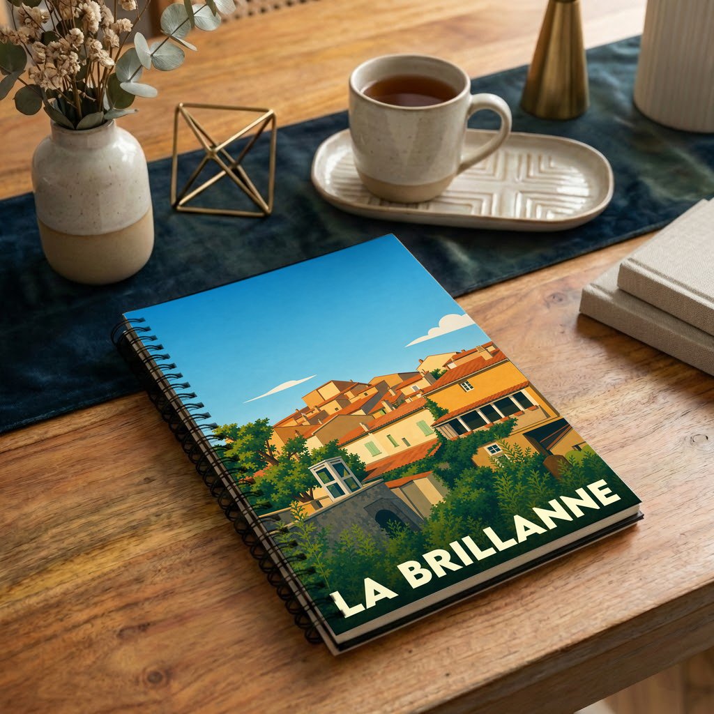 Carnet de notes à spirales souvenir de la ville de La Brillanne avec une illustration stylisée.