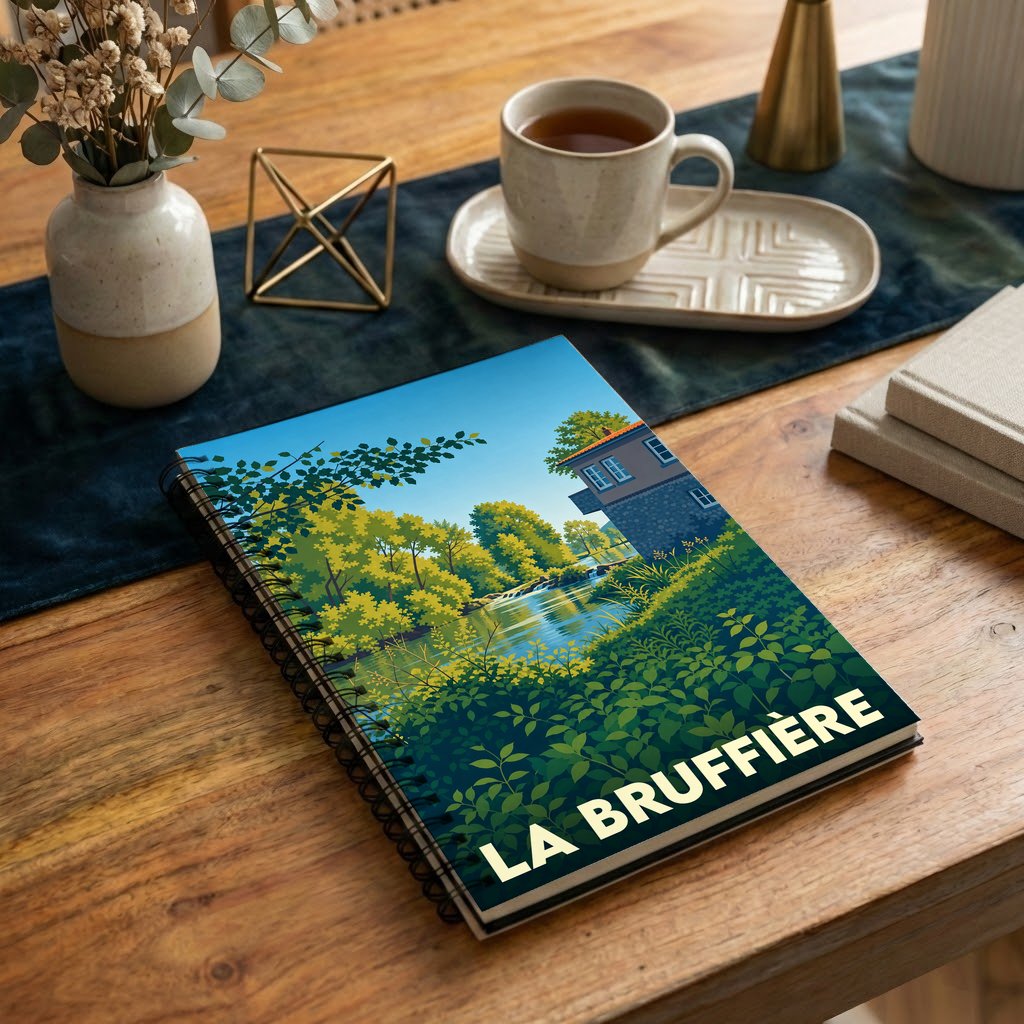 Carnet à spirales souvenir de la ville de La Bruffière avec une illustration stylisée de sa rivière et d'un moulin.