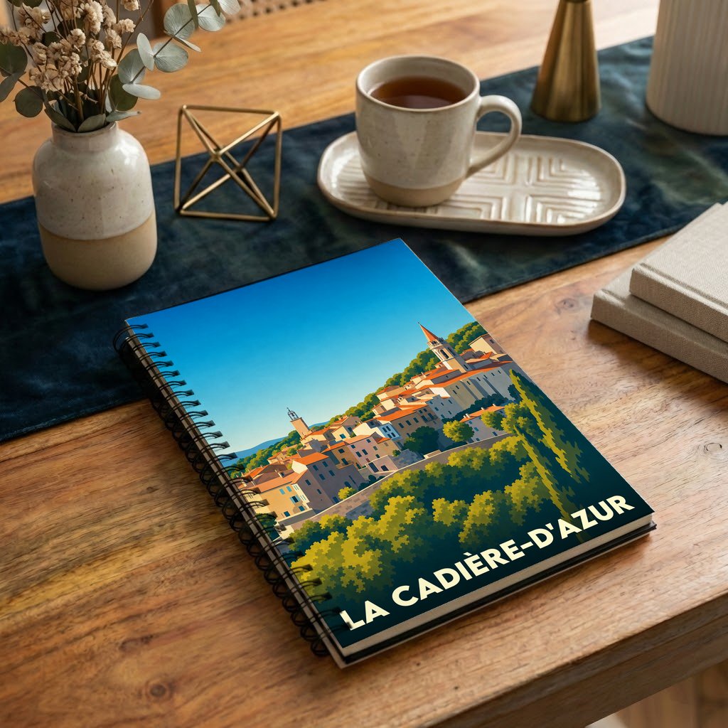 Carnet souvenir de la ville de La Cadière-d'Azur illustré par un paysage de village provençal stylisé.