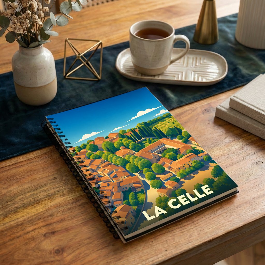 Carnet à spirale souvenir de la ville de La Celle avec une illustration stylisée.