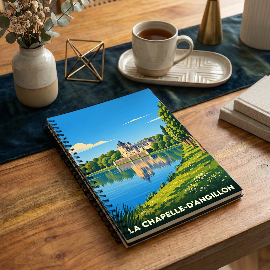 Carnet de notes souvenir de la ville de La Chapelle-d'Angillon avec une illustration stylisée de son château.