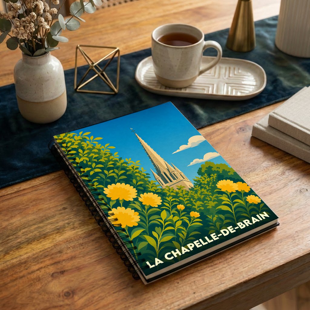Carnet de notes souvenir de la ville de La Chapelle-de-Brain avec une illustration stylisée de son église à travers des fleurs.