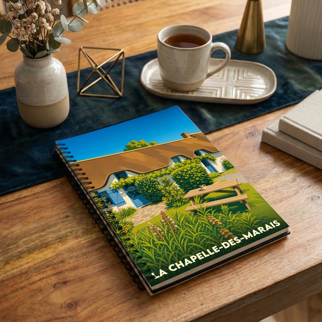 Carnet à spirales souvenir de La Chapelle-des-Marais illustré d'une maison traditionnelle au toit de chaume.