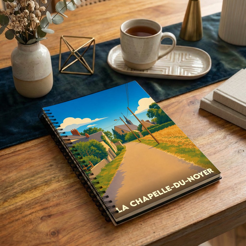 Carnet à spirales souvenir de la ville de La Chapelle-du-Noyer avec une illustration stylisée d'un paysage rural.