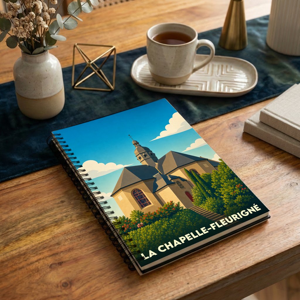 Carnet souvenir de la ville de La Chapelle-Fleurigné avec une illustration stylisée de son église.