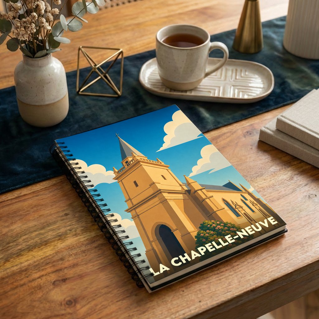 Carnet de notes souvenir de la ville de La Chapelle-Neuve avec une illustration stylisée de son église sous un ciel bleu.
