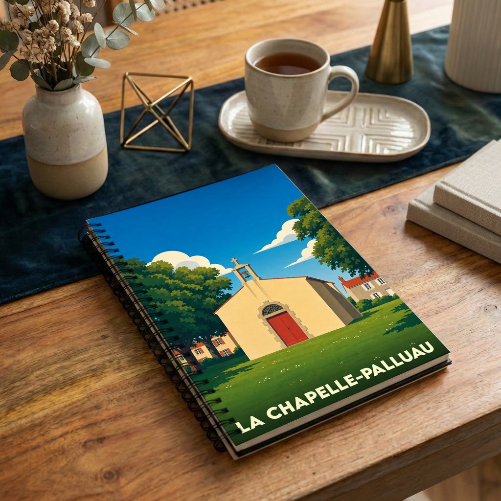 Carnet souvenir de la ville de La Chapelle-Palluau avec une illustration stylisée.