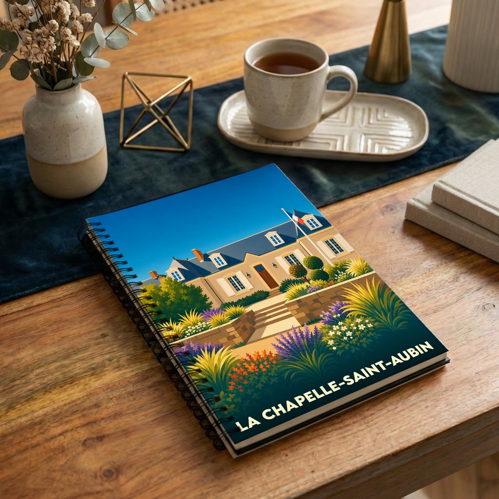 Carnet souvenir de la ville de La Chapelle-Saint-Aubin avec une illustration stylisée.