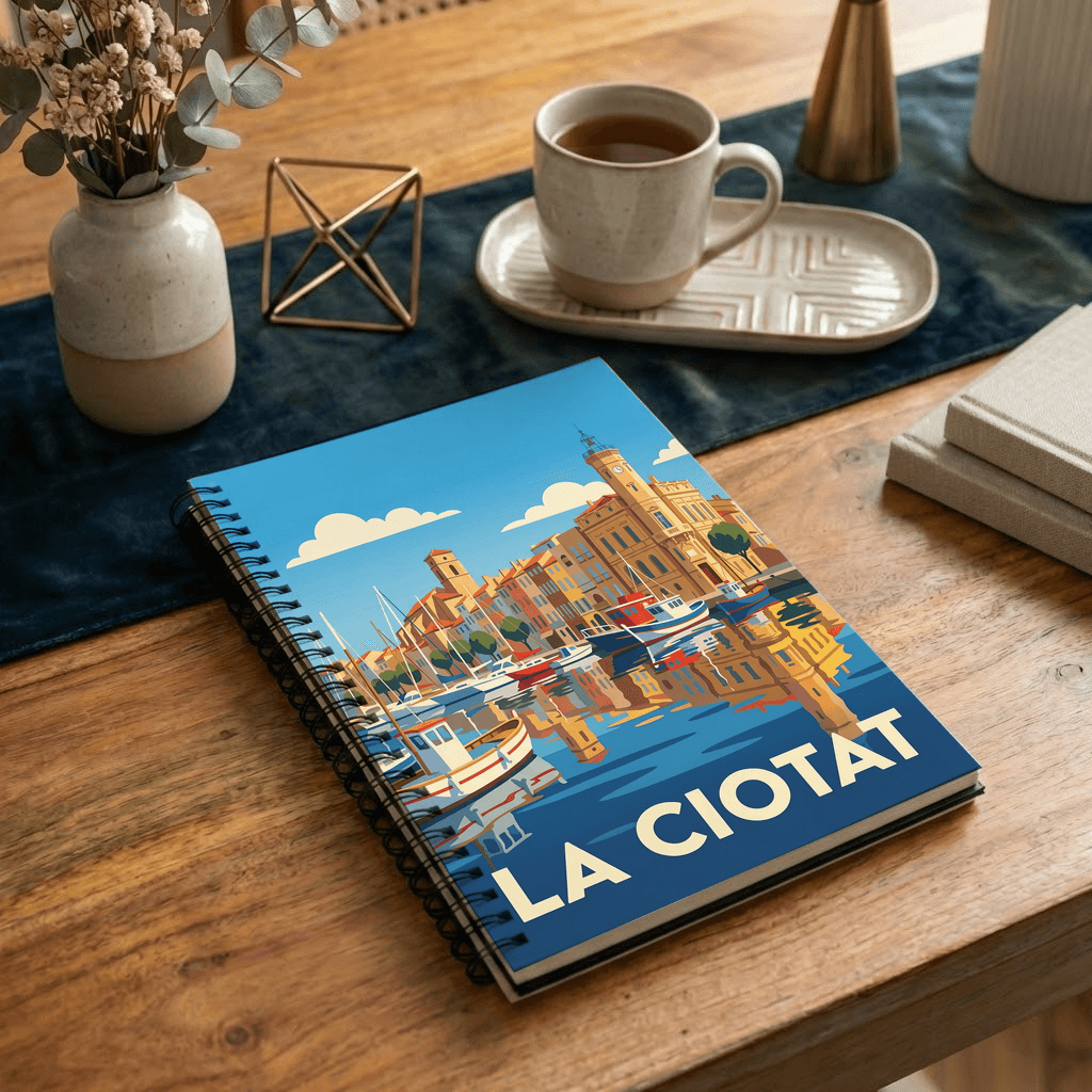 Carnet souvenir de la ville de La Ciotat avec une illustration stylisée de son port.