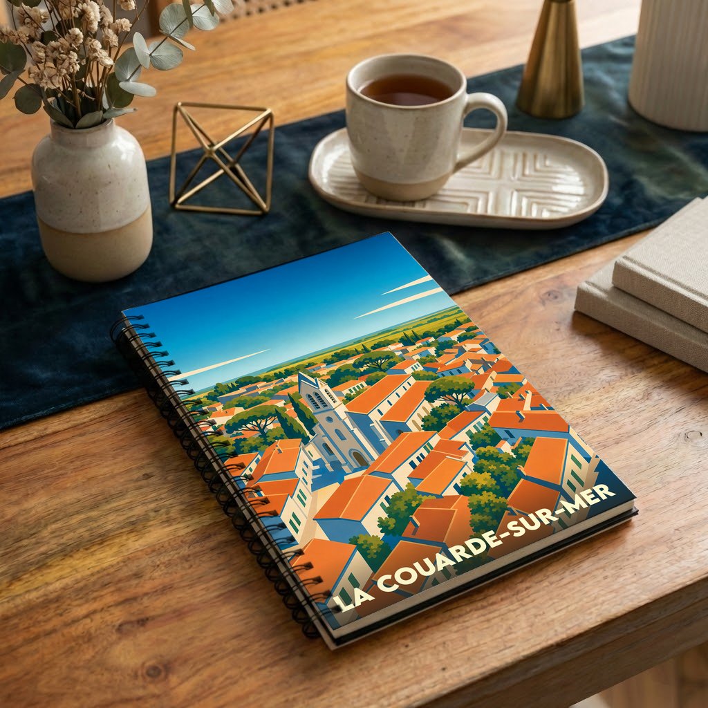 Carnet à spirale souvenir de la ville de La Couarde-sur-Mer avec une illustration stylisée.