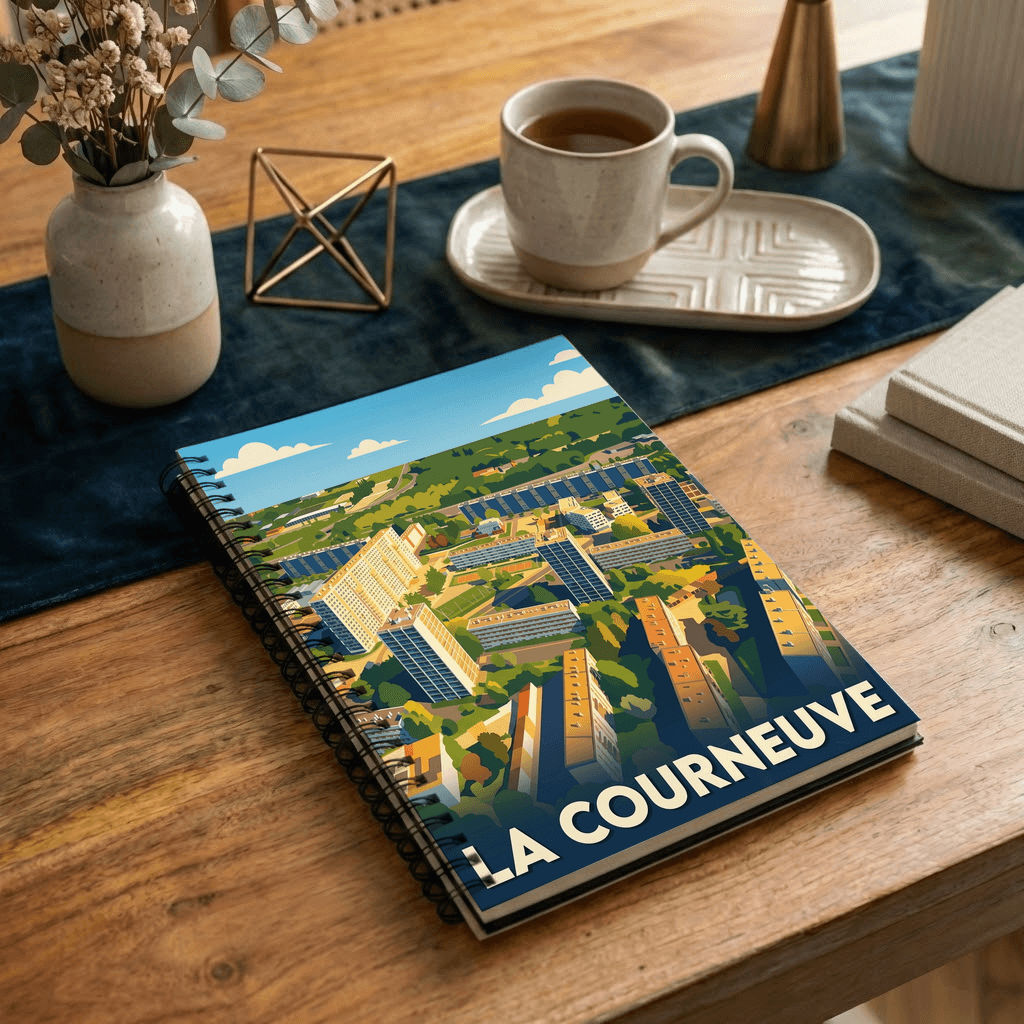 Carnet souvenir de la ville de La Courneuve avec une illustration stylisée.
