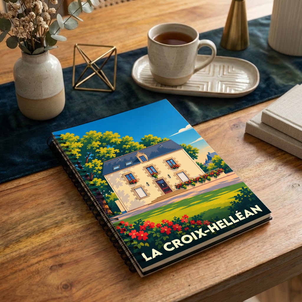 Carnet souvenir de la ville de La Croix-Helléan avec une illustration colorée et stylisée d'une maison traditionnelle.
