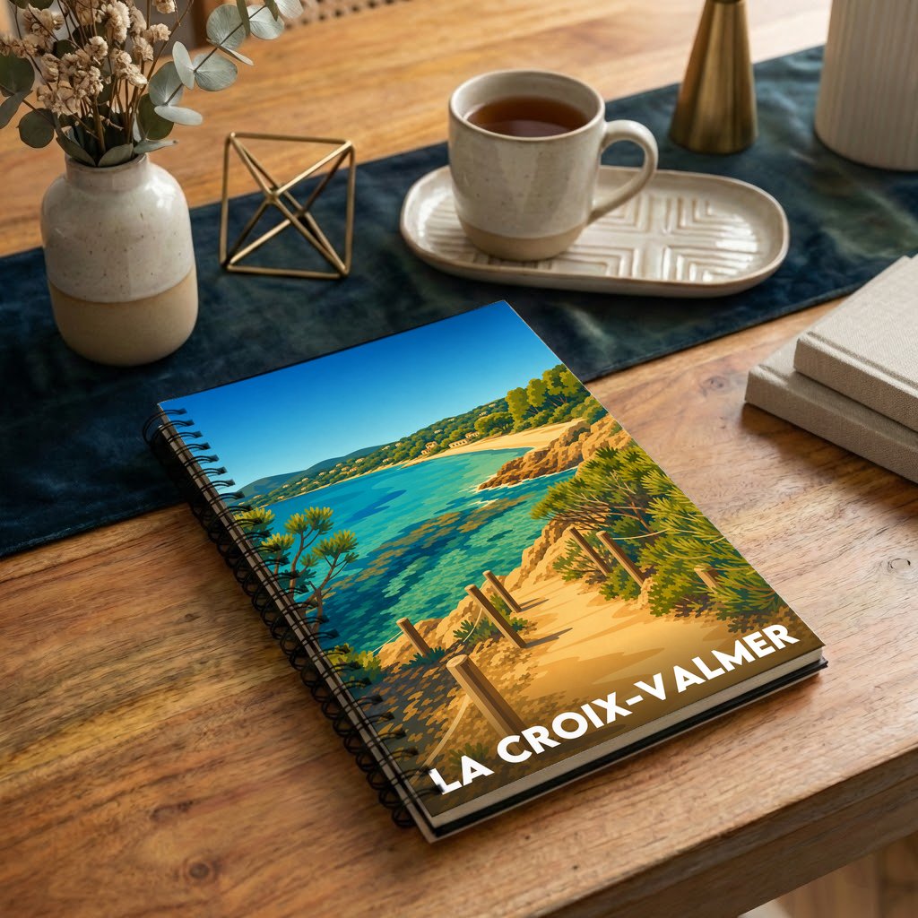 Carnet souvenir à spirale de la ville de La Croix-Valmer avec une illustration stylisée de son littoral.