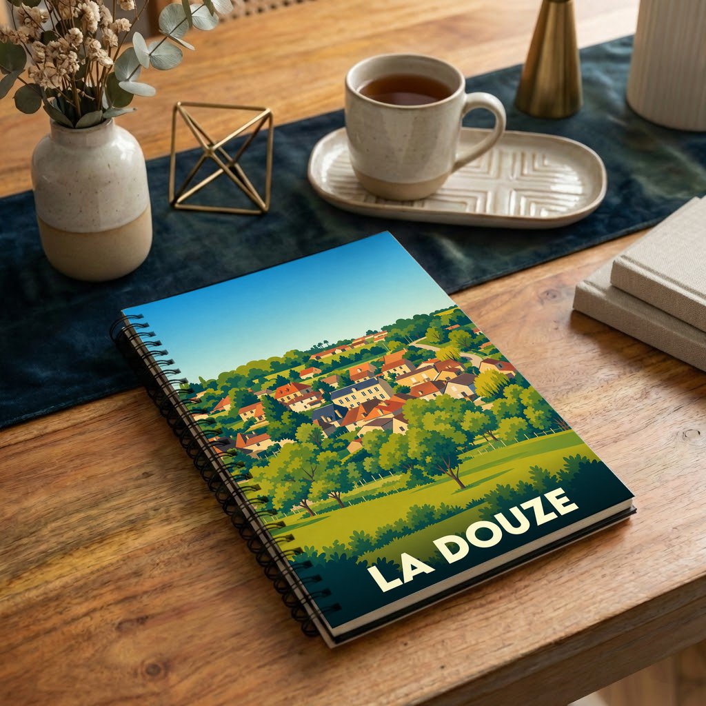 Carnet à spirales souvenir de la ville de La Douze avec une illustration stylisée d'un paysage vallonné.