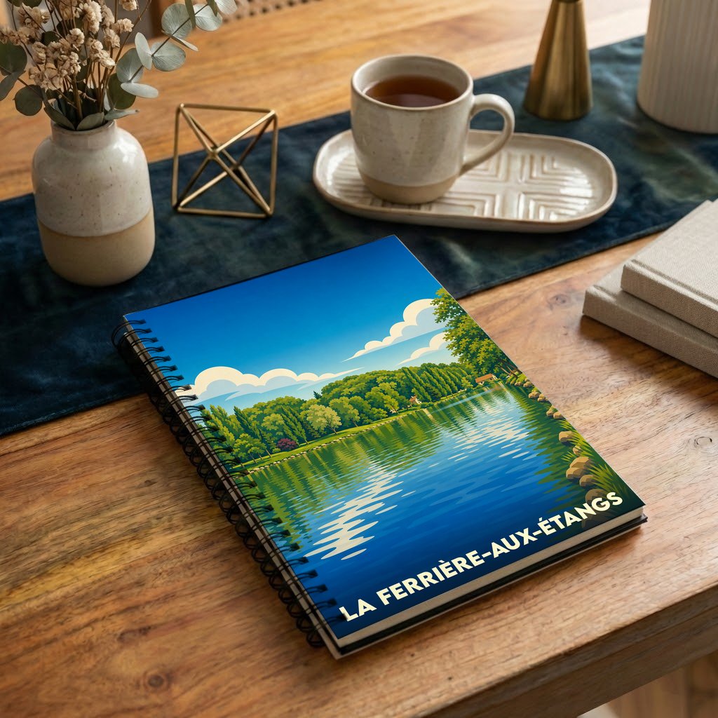 Carnet souvenir de la ville de La Ferrière-aux-Étangs avec une illustration stylisée de son plan d'eau.