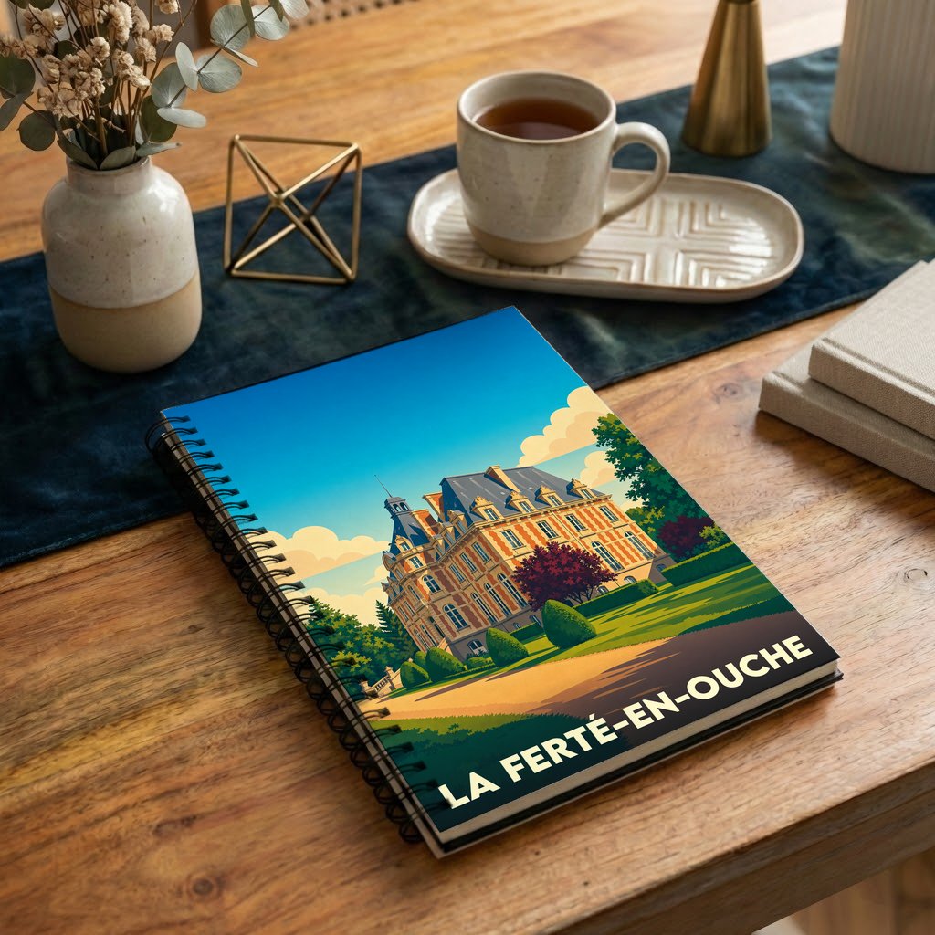 Carnet de notes à spirales souvenir de La Ferté-en-Ouche avec une illustration stylisée de son château.