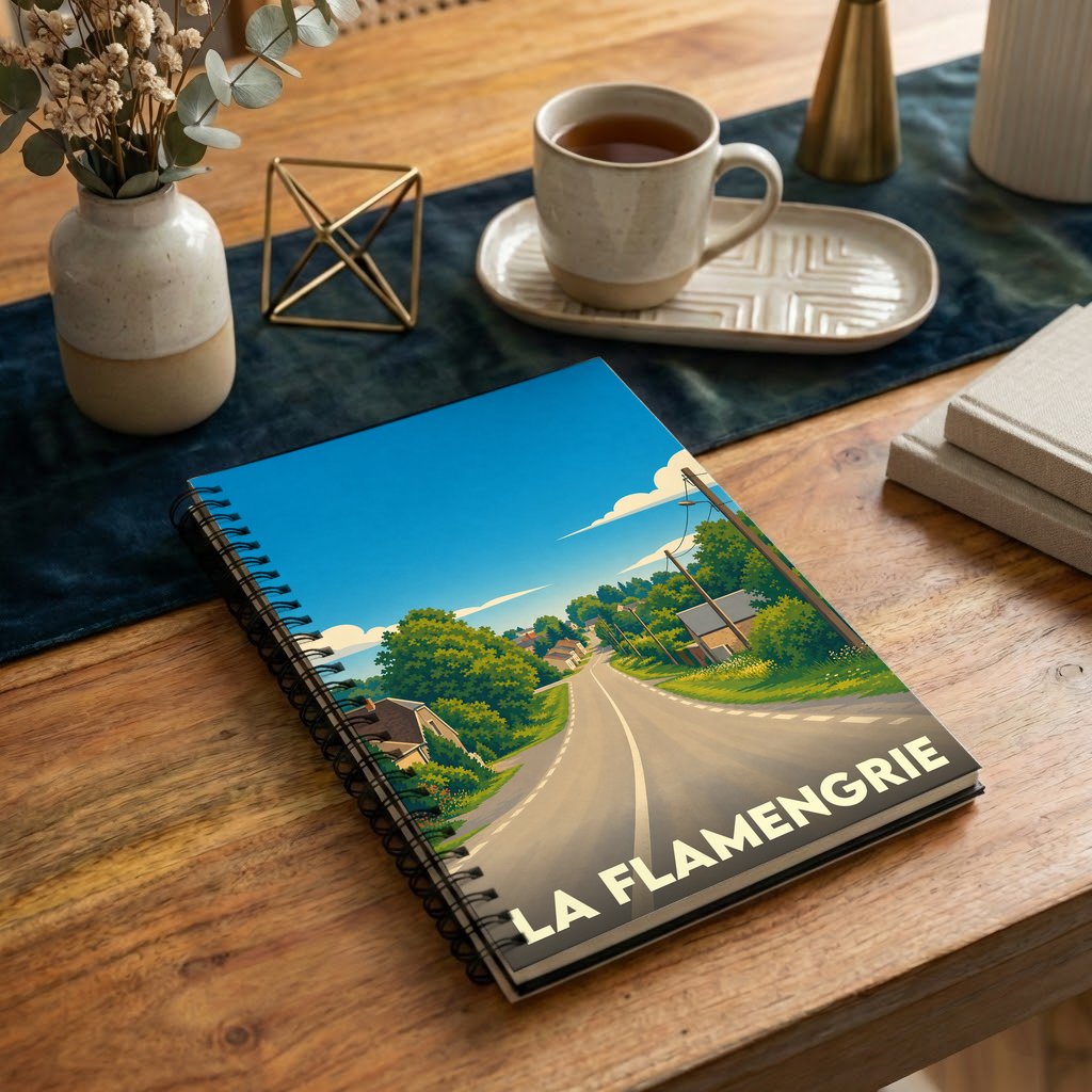 Carnet à spirales souvenir de la ville de La Flamengrie avec une illustration stylisée de ses paysages.