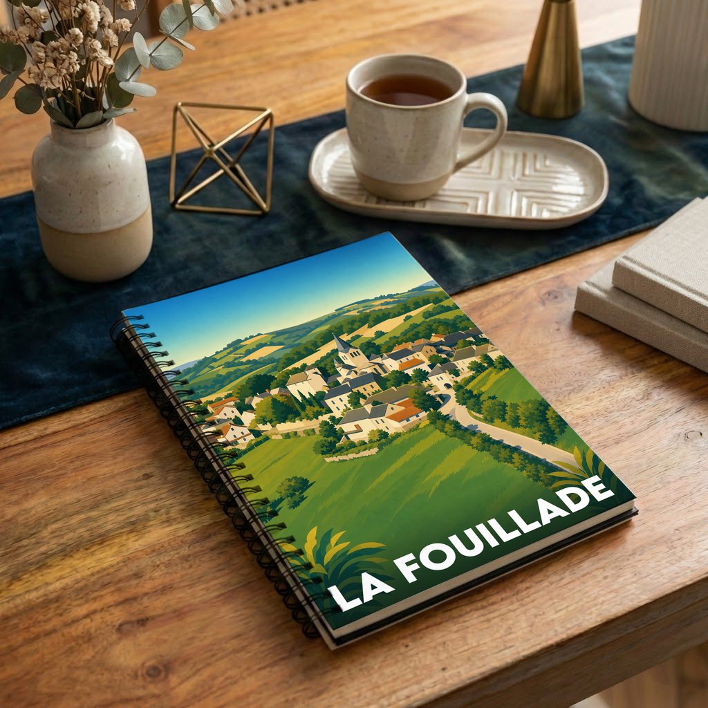 Carnet souvenir de la ville de La Fouillade avec une illustration stylisée.