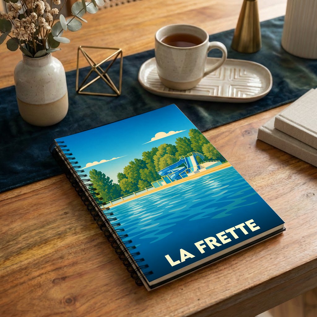 Carnet souvenir de la ville de La Frette avec une illustration stylisée d'une base de loisirs.