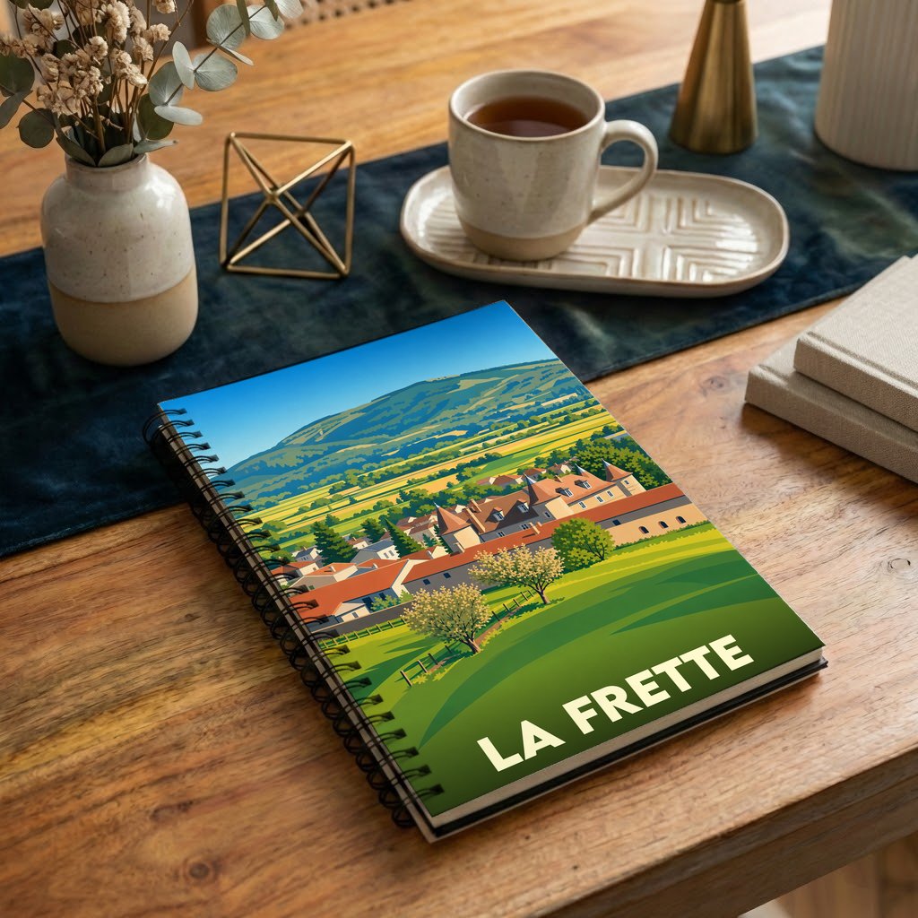 Carnet à spirales souvenir de la ville de La Frette avec une illustration paysagère stylisée.