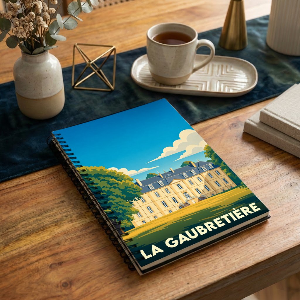Carnet de notes à spirales souvenir de La Gaubretière avec une illustration stylisée de son château.
