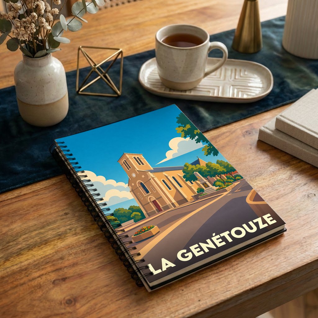 Carnet souvenir de la ville de La Genétouze avec une illustration stylisée de son église.